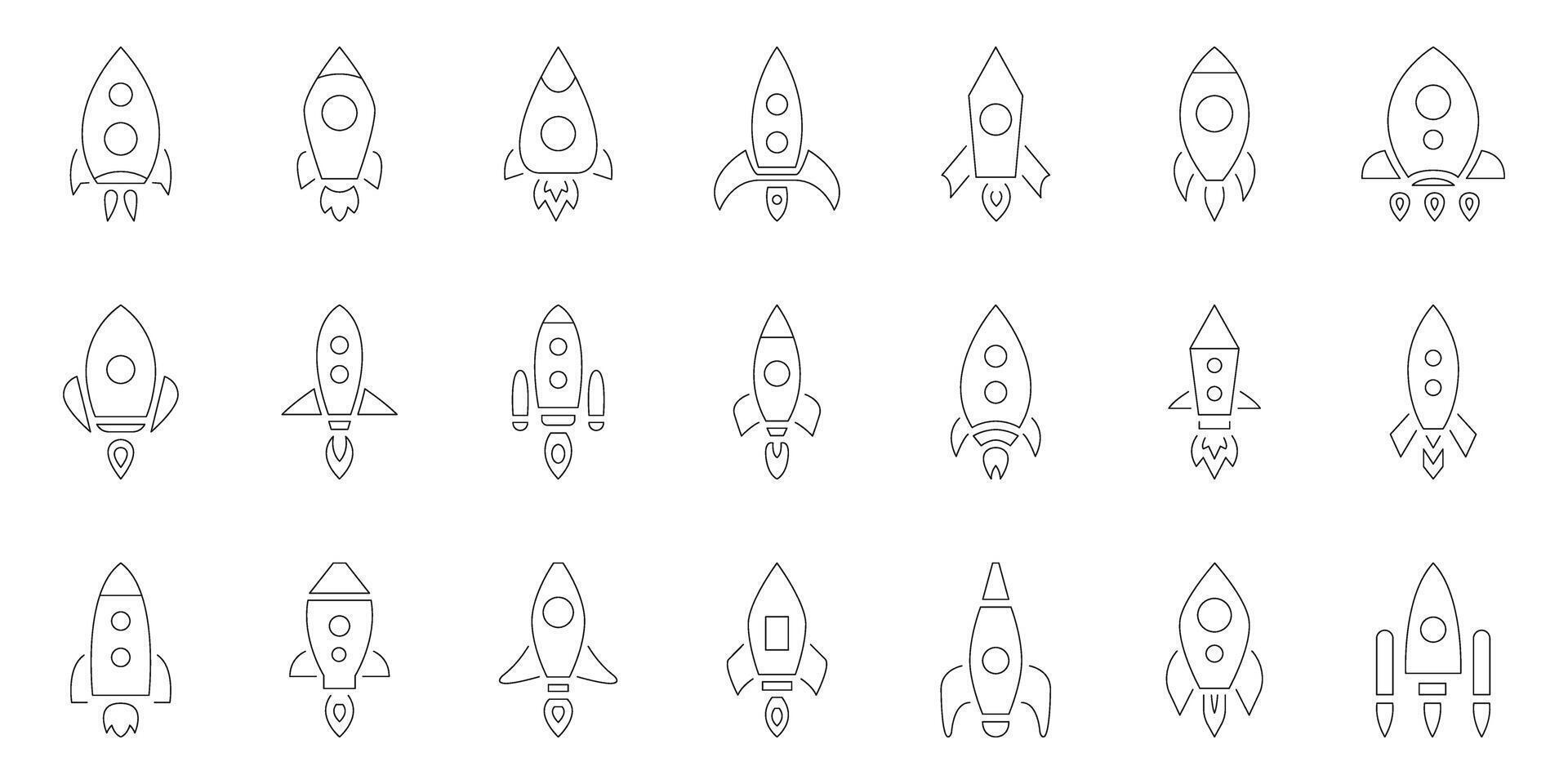 Rocket Ship Line Icon Set. Space Exploration, Innovation, And Startup Launch Outline Symbol Collection. Rocket Sign For Technology And Business. Editable Stroke. Isolated Illustration vector