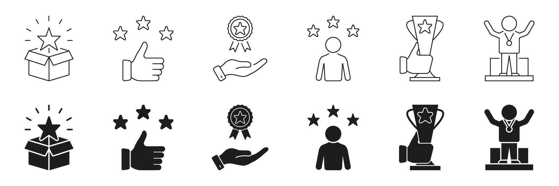 Award And Recognition Line And Solid Icon Set. Achievement, Excellence, And Success Symbol Collection. Includes Trophies, Medals, And Stars. Isolated Illustration vector