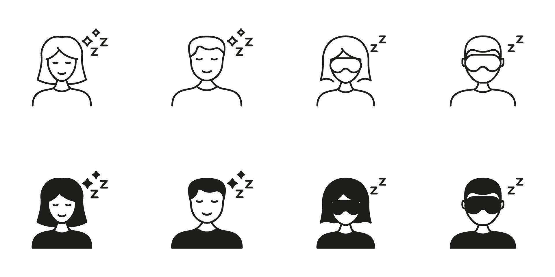 Sleeping People With Eye Masks Line And Solid Icon Set. Rest, Relaxation, And Sleep Quality Symbol Collection. Depicts Men And Women In Sleep Masks. Isolated Illustration vector
