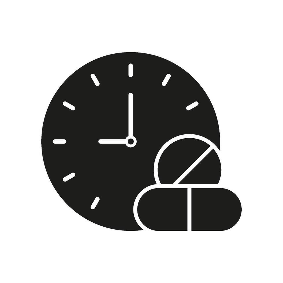 Clock With Pills Solid Icon. Medication Timing, Dosage Schedule, And Prescription Management Silhouette Symbol. Healthcare And Treatment Planning. Isolated Illustration vector