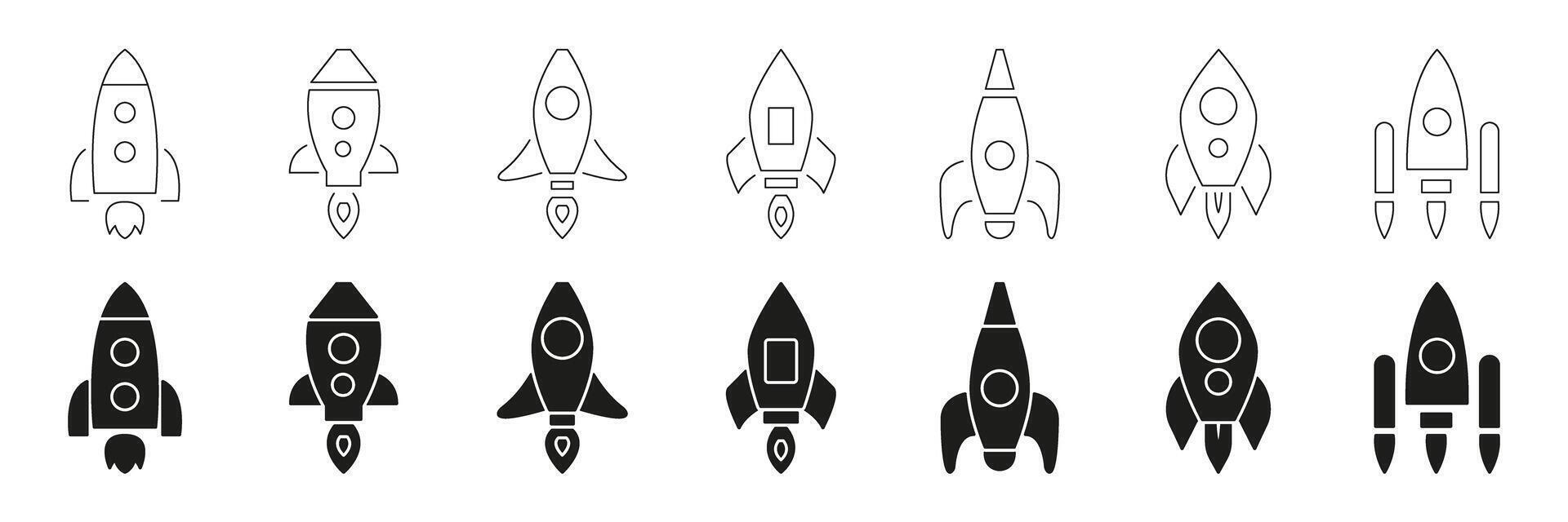 Rocket Ship Line And Solid Icon Set. Space Exploration, Innovation, And Technology Symbol Collection. Various Rocket Designs For Aerospace And Science Themes. Isolated Illustration vector