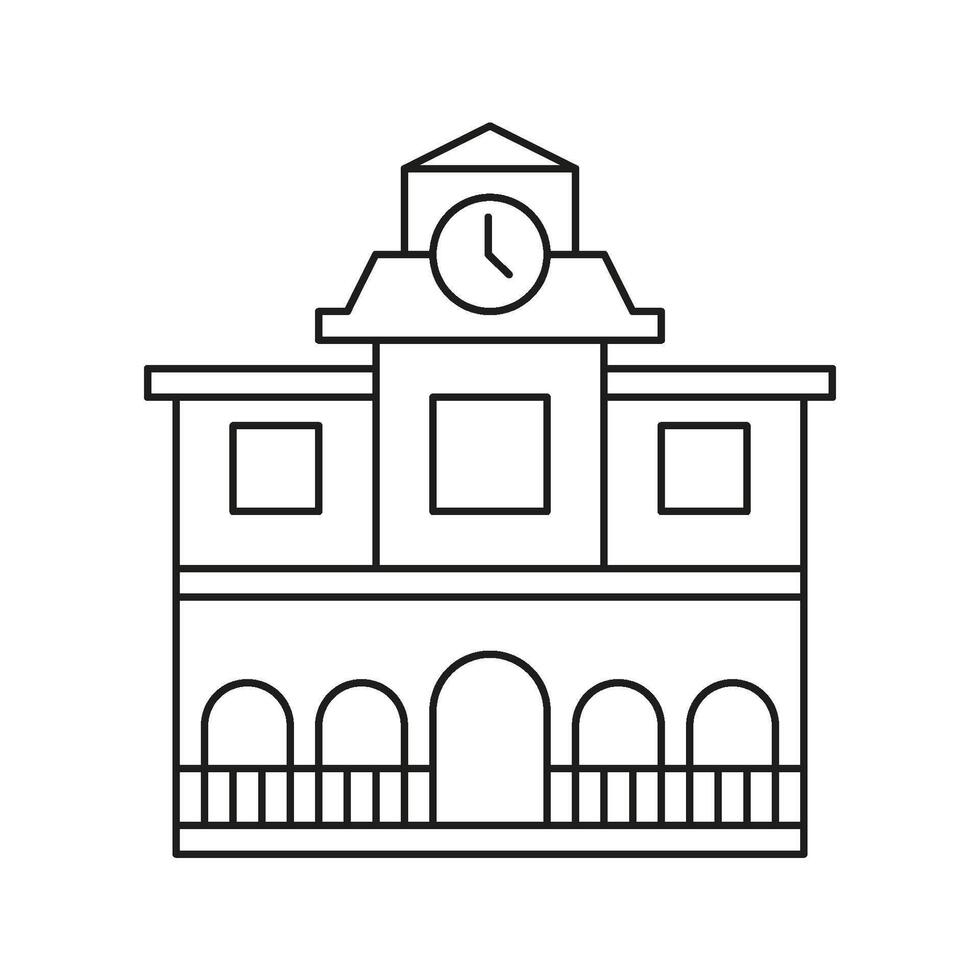 School Building With Clock Line Icon. Educational Institution And Time Management Outline Symbol. Learning Environment And Academic Schedule. Editable Stroke. Isolated Illustration vector