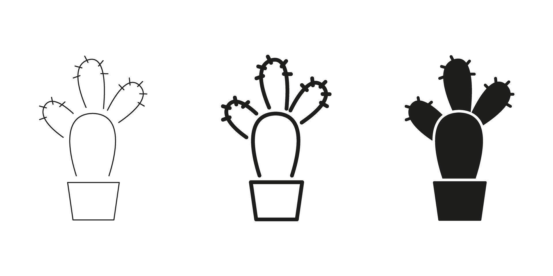 Cactus In Pot In Line, Outline, And Glyph Icon Set. Desert Plant And Succulent Symbol Collection. Botanical And Nature Design Elements. Isolated Illustration vector
