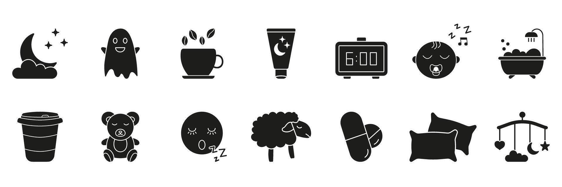 Sleep And Relaxation Silhouette Icon Set. Nighttime Routine, Restful Sleep, And Relaxation Symbol Collection. Includes Moon, Ghost, Tea, Alarm, Baby, Bath, And More. Isolated Illustration vector