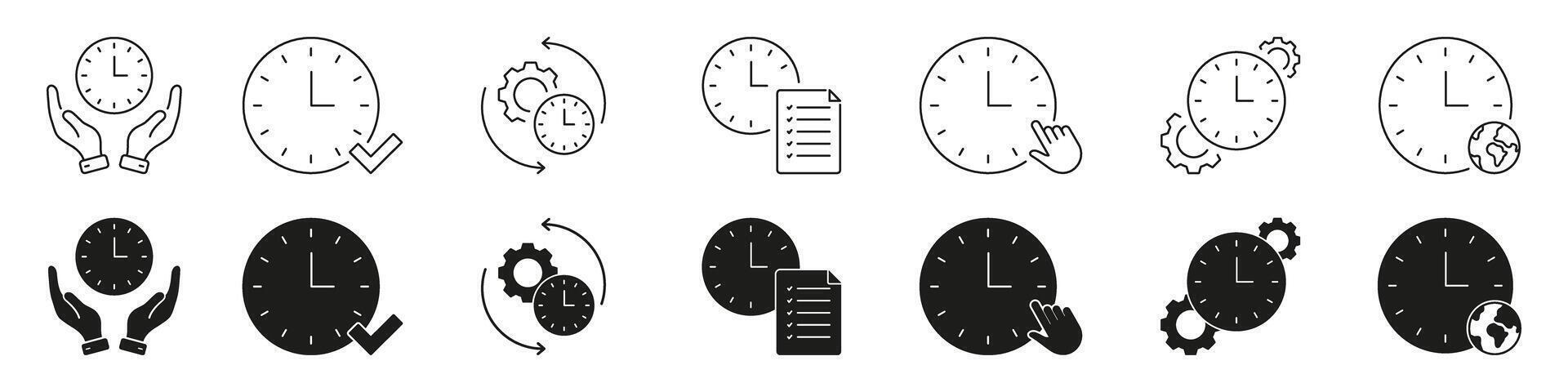 Clock Management And Time Optimization Line And Solid Icon Set. Time Efficiency, Scheduling, Global Synchronization Symbol Collection. Productivity And Workflow. Isolated Illustration vector