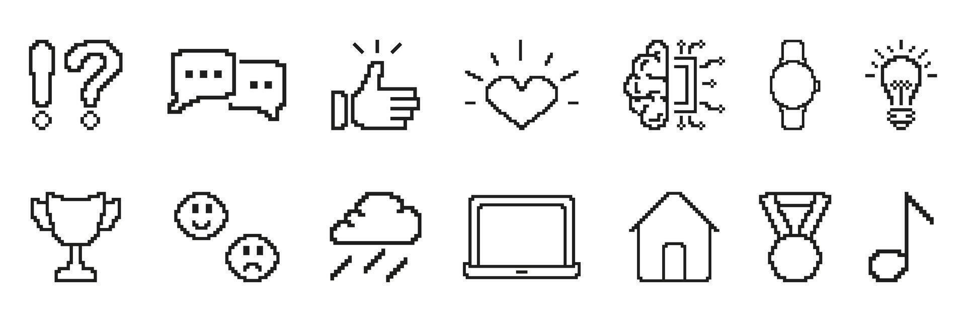 Pixel Art Icon Set Featuring Communication, Emotions, Technology, And Achievement Retro Symbols. Retro Style Pixelated Symbol Collection. Isolated Illustration vector