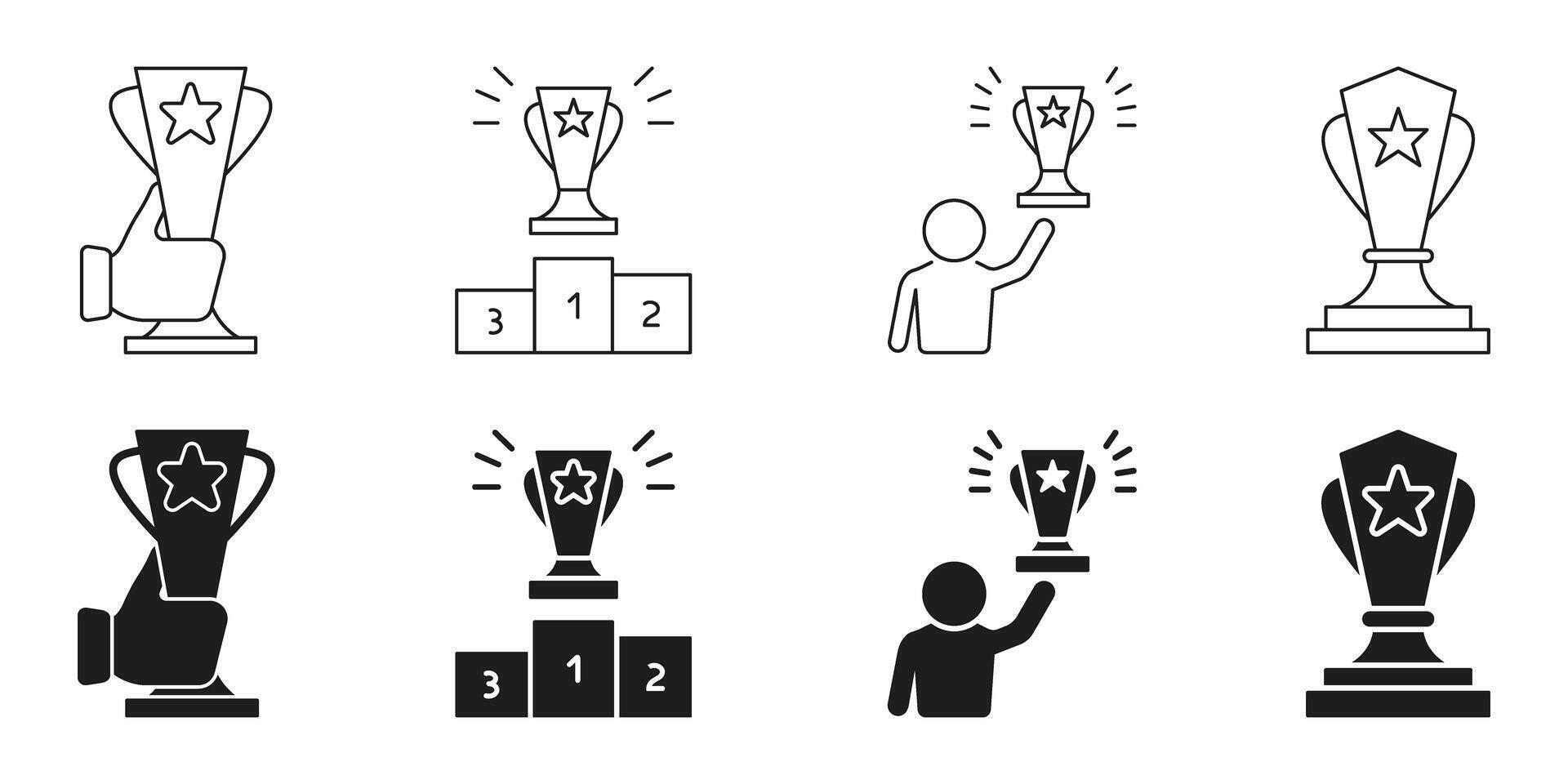Trophy And Award Line And Solid Icon Set. Achievement, Victory, And Recognition Symbol Collection. Celebratory And Competitive Success Representation. Isolated Illustration vector