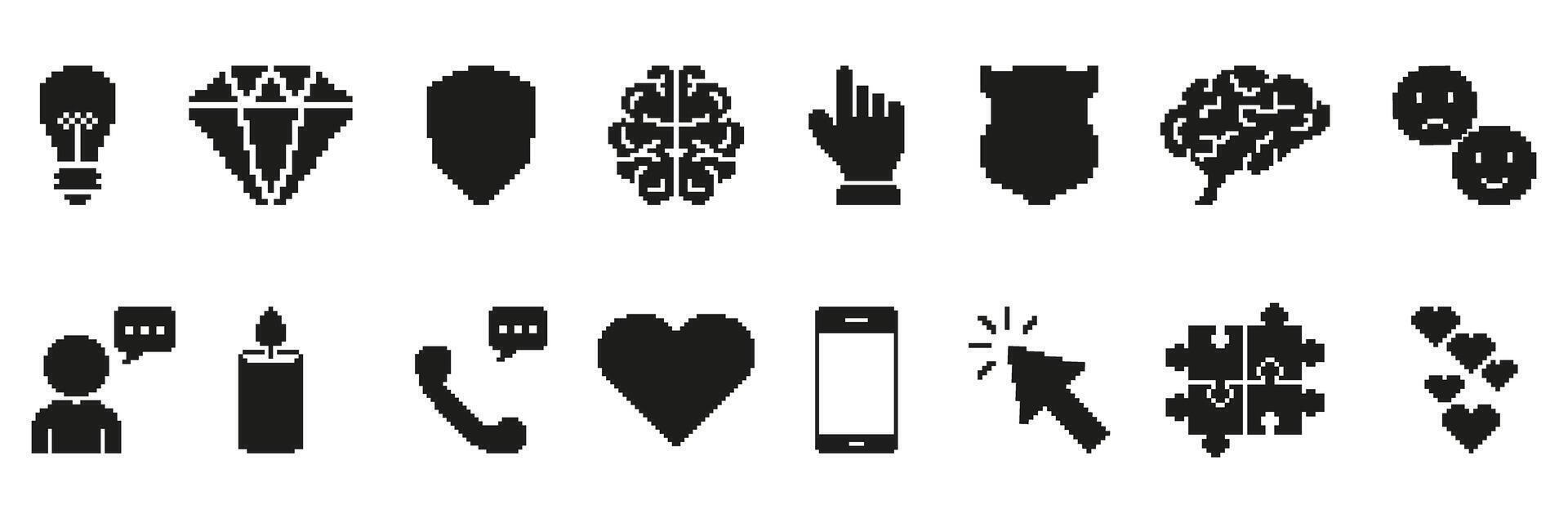 Pixel Art Icon Set. Light Bulb, Diamond, Shield, Brain, Hand, And More. Creative And Communication Symbols Collection For Digital Design And User Interface Elements. Isolated Illustration vector