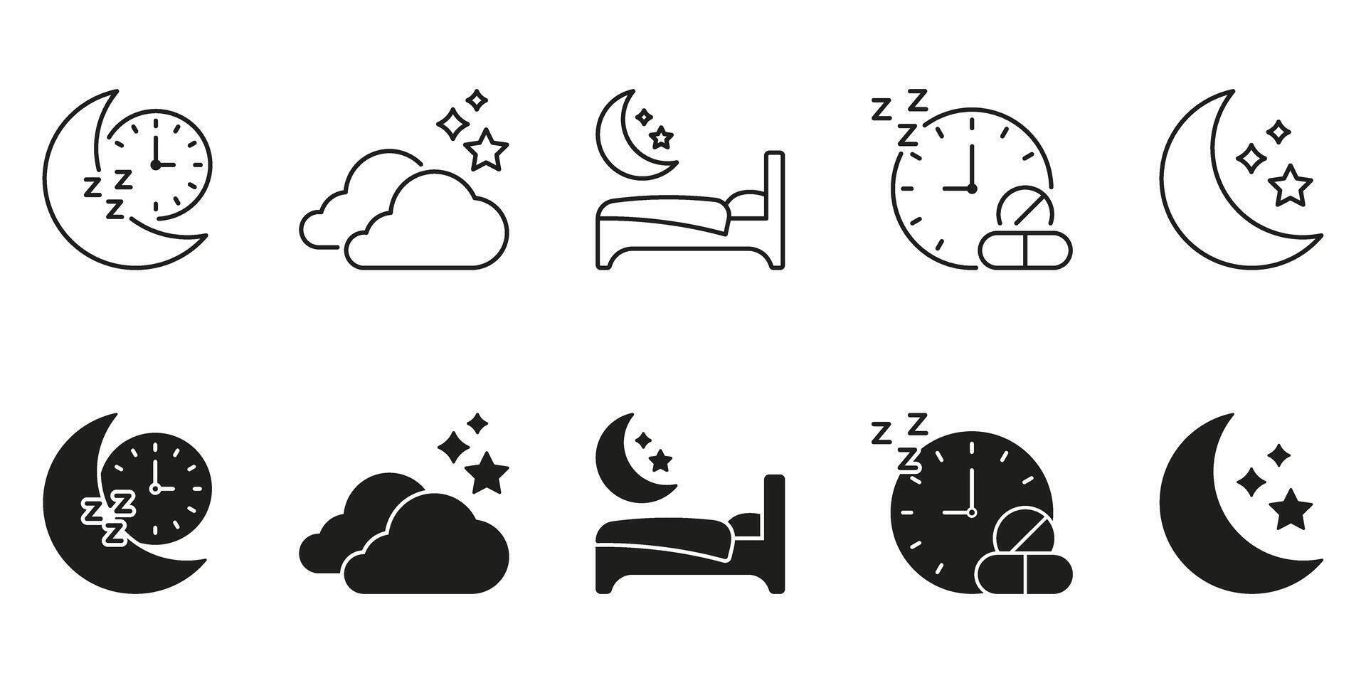 Moon, Clock, And Sleep Line And Solid Icon Set. Nighttime Rest, Sleep Schedule, And Bedtime Routine Symbol Collection. Sleep Health And Relaxation. Isolated Illustration vector