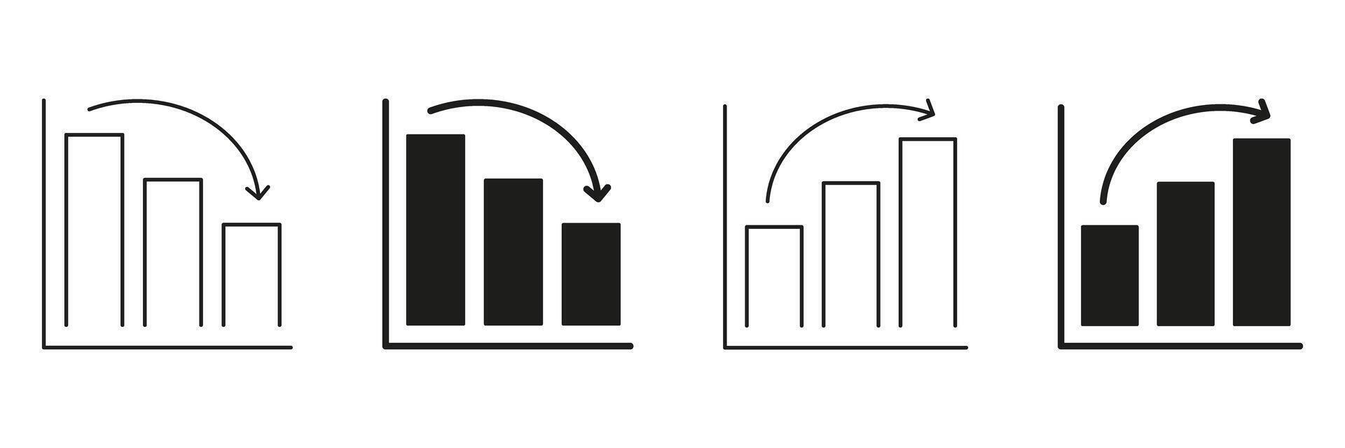 Bar Chart With Arrows Line And Solid Icon Set. Data Analysis, Trend Indication, Business Performance Tracking Symbols. Visual Representation Of Growth And Decline. Isolated Illustration vector