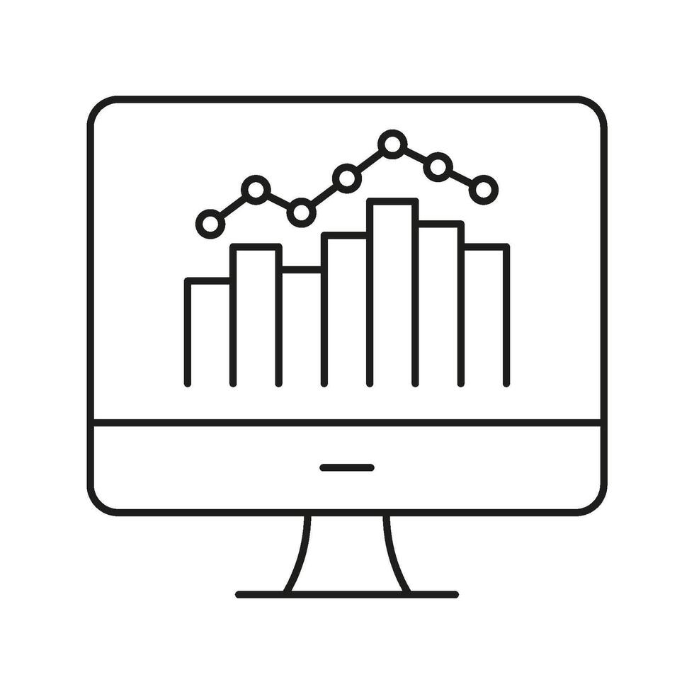 Computer Screen With Graph Line Icon. Data Analysis, Business Analytics, And Performance Tracking Outline Symbol. Financial Insights And Market Trends. Editable Stroke. Isolated Illustration vector