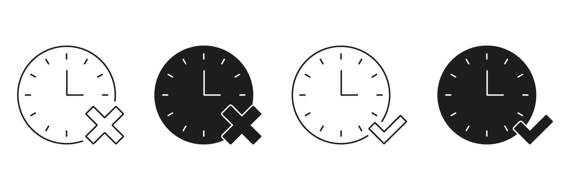 Clock With Check And Cross Line And Solid Icon Set. Time Management, Task Completion, And Deadline Evaluation Symbol Collection. Efficient Scheduling And Planning. Isolated Illustration vector