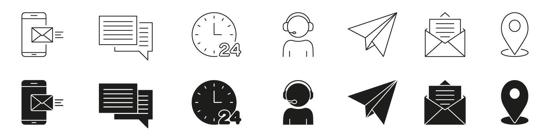 Communication And Messaging Line And Solid Icon Set. Digital Interaction, Customer Support, Location Tracking Symbol Collection. Mobile, Email, And 24 7 Service Icons. Isolated Illustration vector