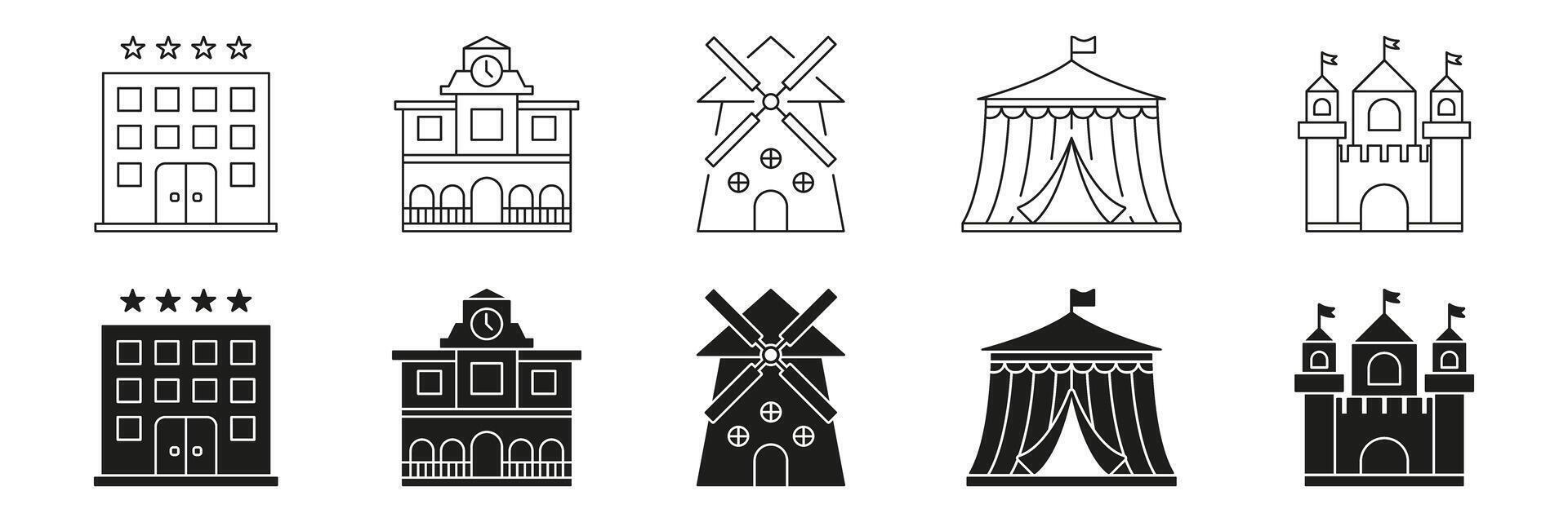 Hotel, Town Hall, Windmill, Circus Tent, And Castle Line And Solid Icon Set. Architectural And Entertainment Structures Symbol Collection. Tourism, Heritage, Leisure. Isolated Illustration vector