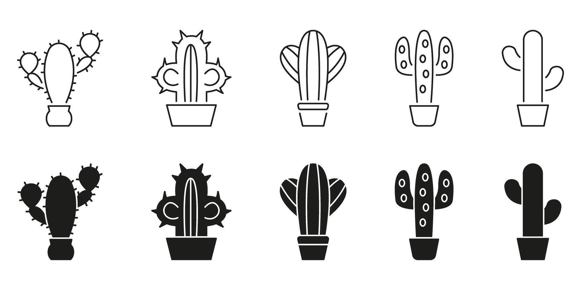 Cactus Plant Line And Solid Icon Set. Desert Flora, Succulent Care, And Indoor Gardening Symbol Collection. Various Cactus Shapes In Pots. Isolated Illustration vector