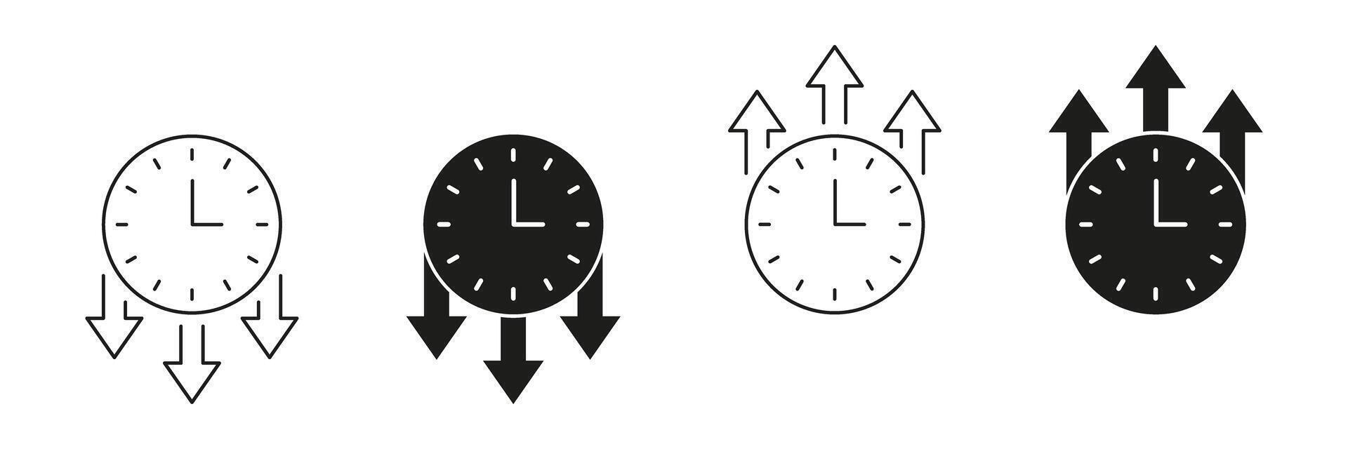 Clock With Arrows Line And Solid Icon Set. Time Management, Efficiency, And Productivity Symbol Collection. Directional Arrows Indicating Increase And Decrease. Isolated Illustration vector