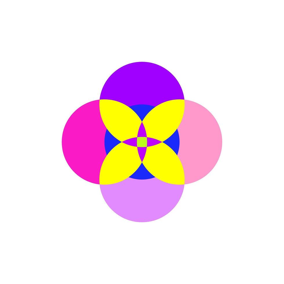 Colorful geometric flower design with overlapping circles and vibrant shades of pink, yellow, and purple vector