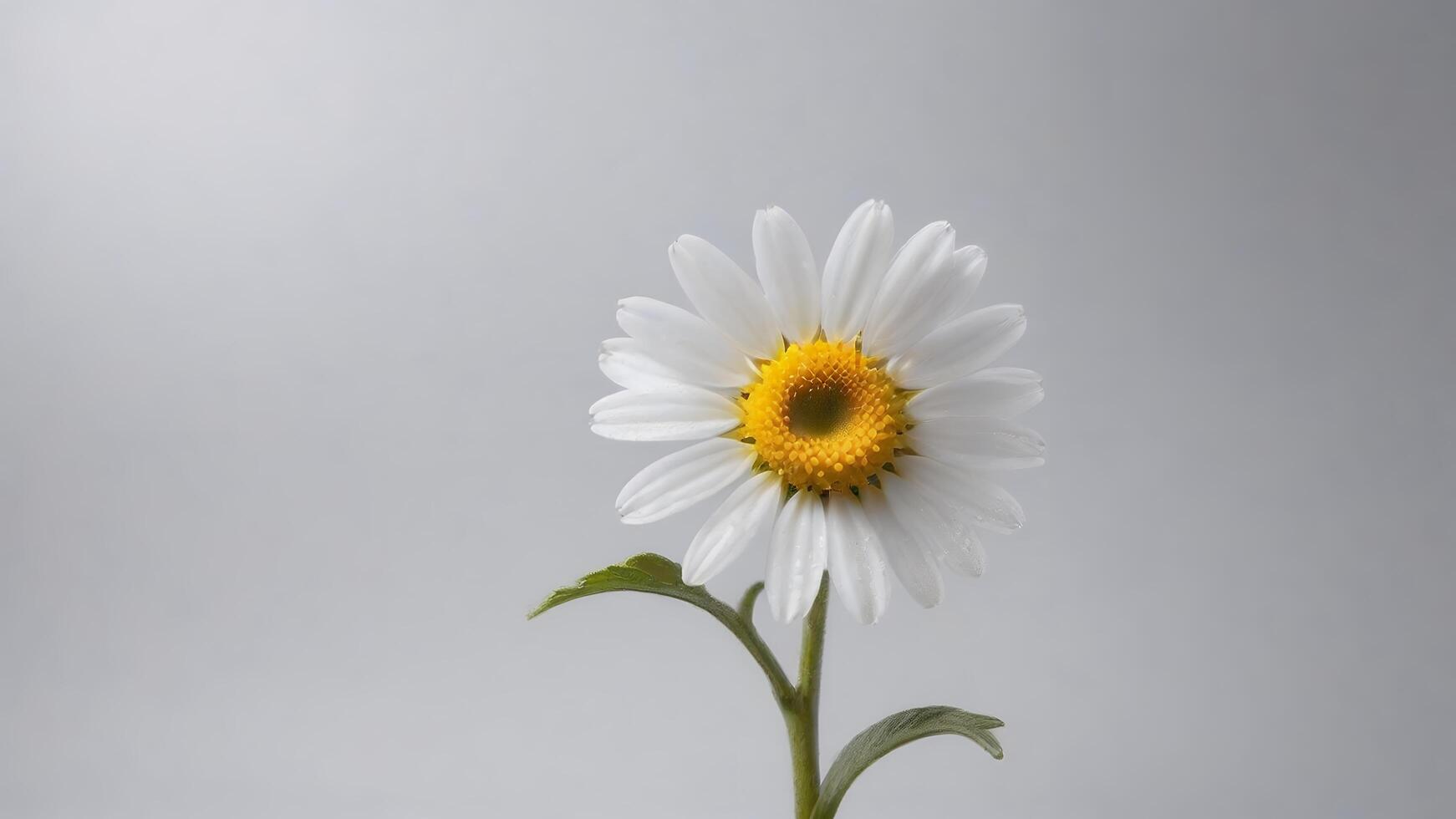Single white daisy flower with yellow center against a light gray background. photo