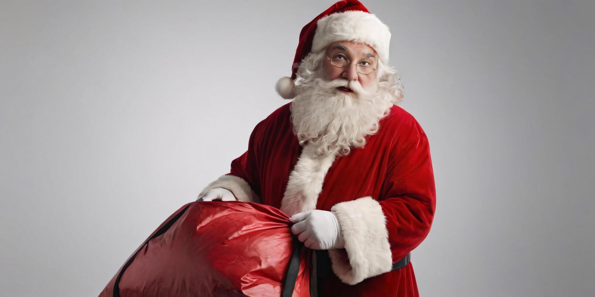 Surprised Santa Claus holding a large red gift bag. photo