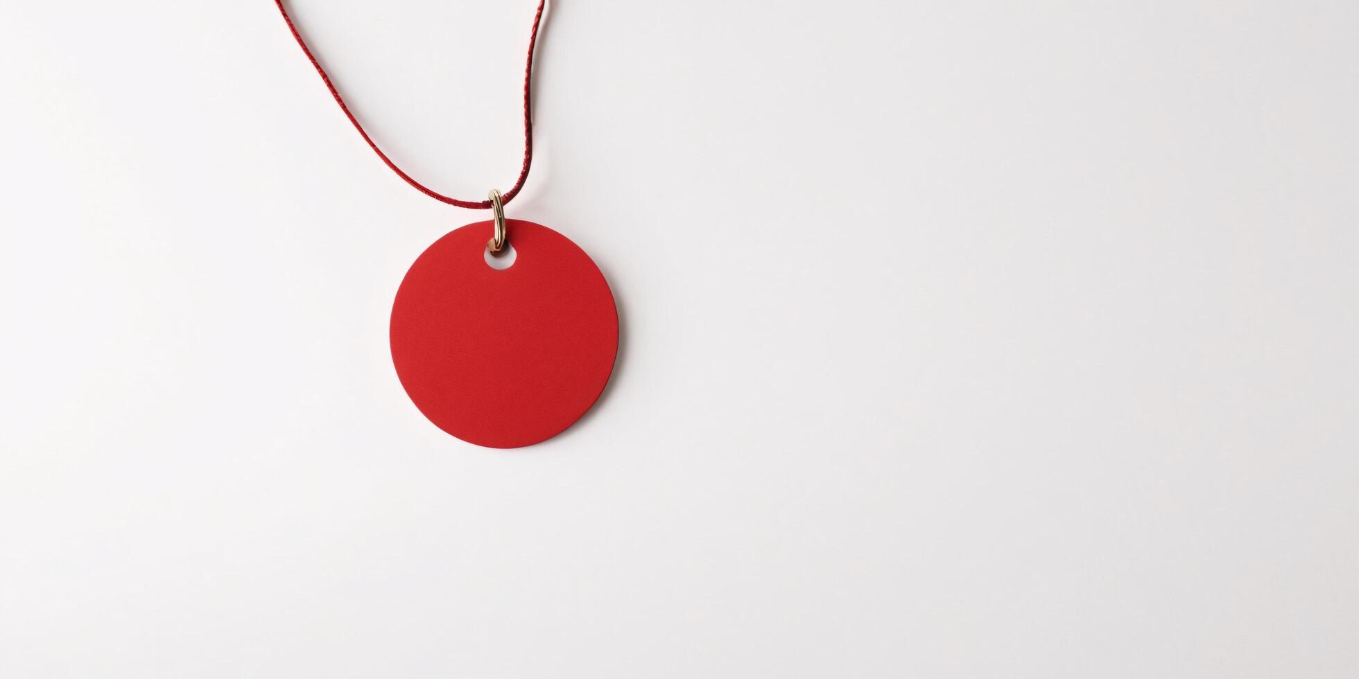Red circular tag on a cord against a white background. photo