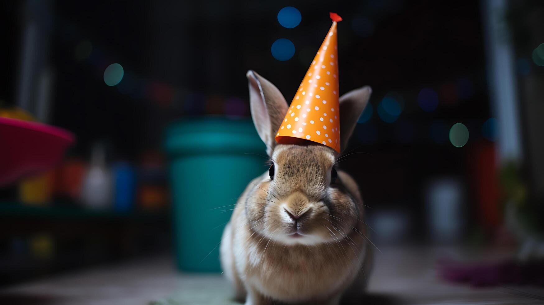 Bunny wearing a party hat at a birthday party photo