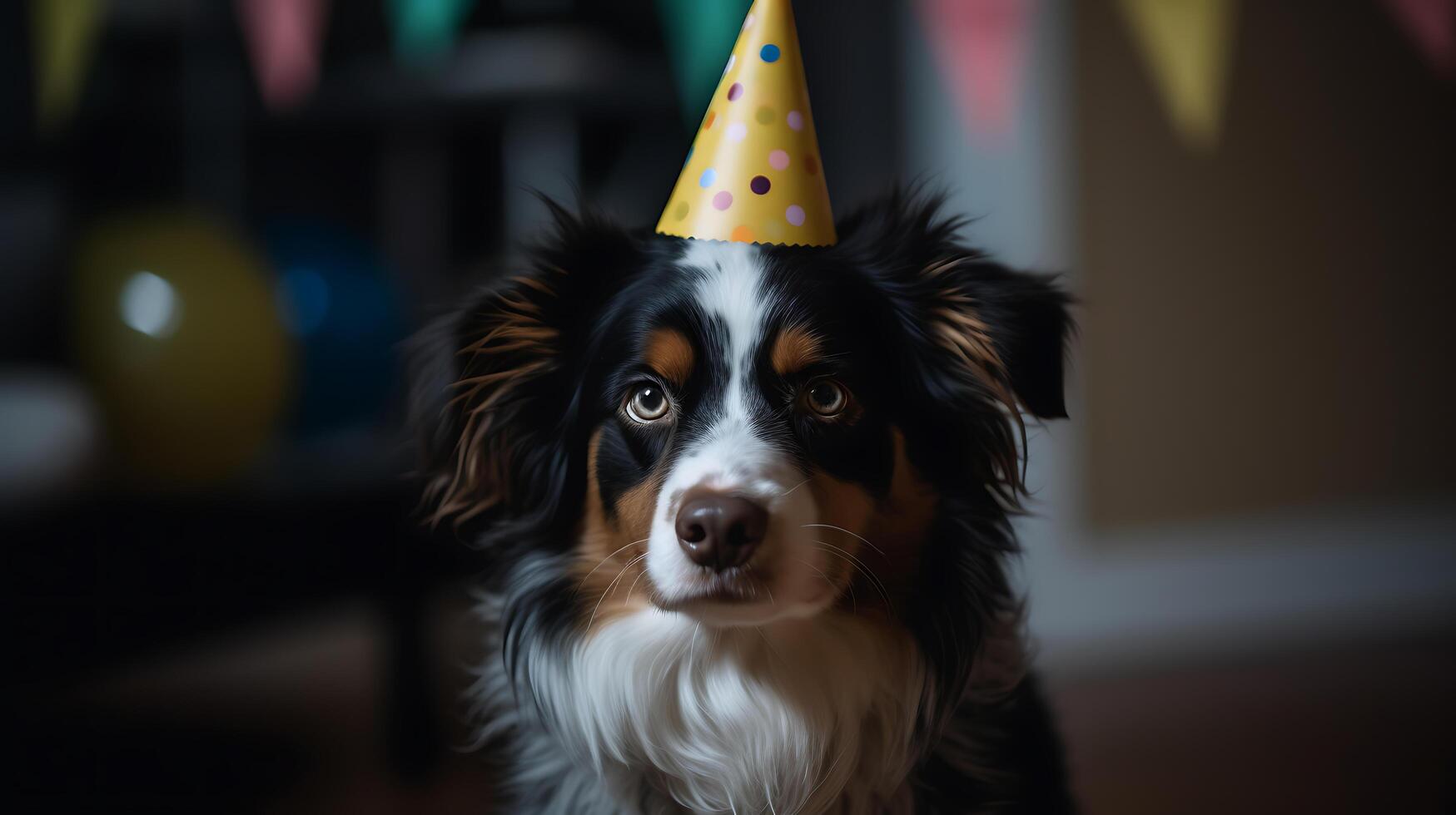 Dog wearing a party hat at a birthday party photo
