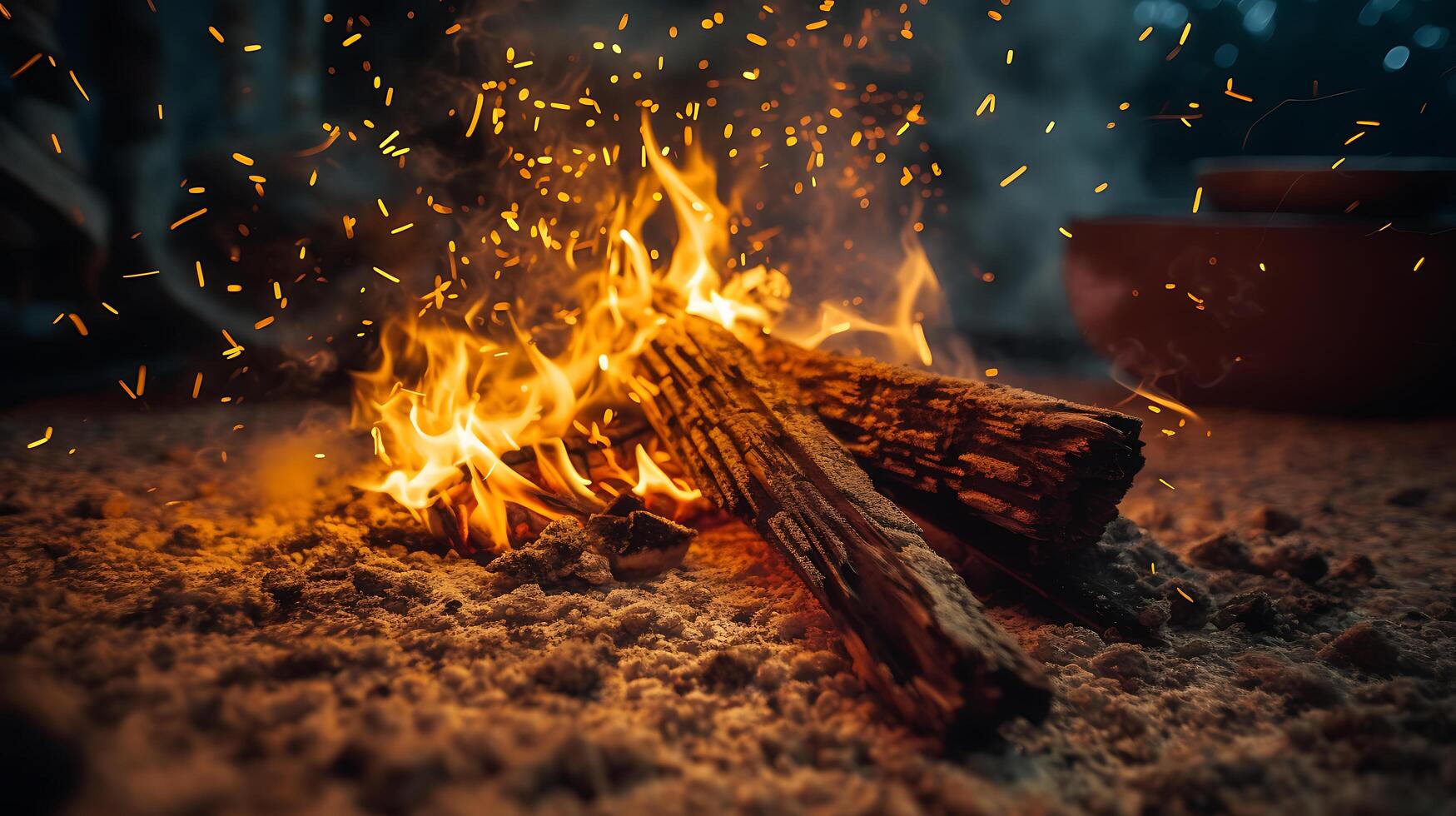 Close-up of a bonfire on the beach with sparks flying photo
