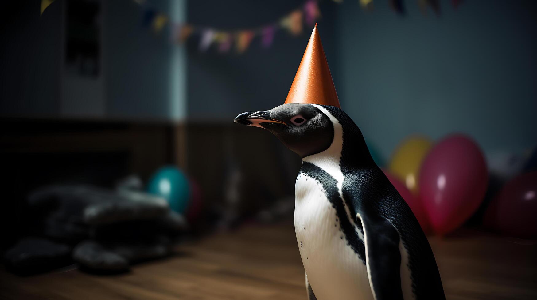 Penguin wearing a party hat at a birthday party photo