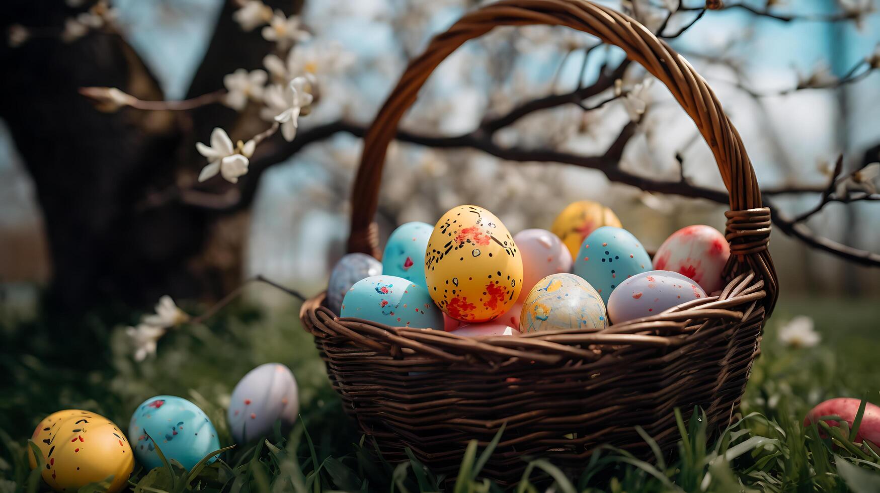 Easter eggs in a basket under a flowering tree photo