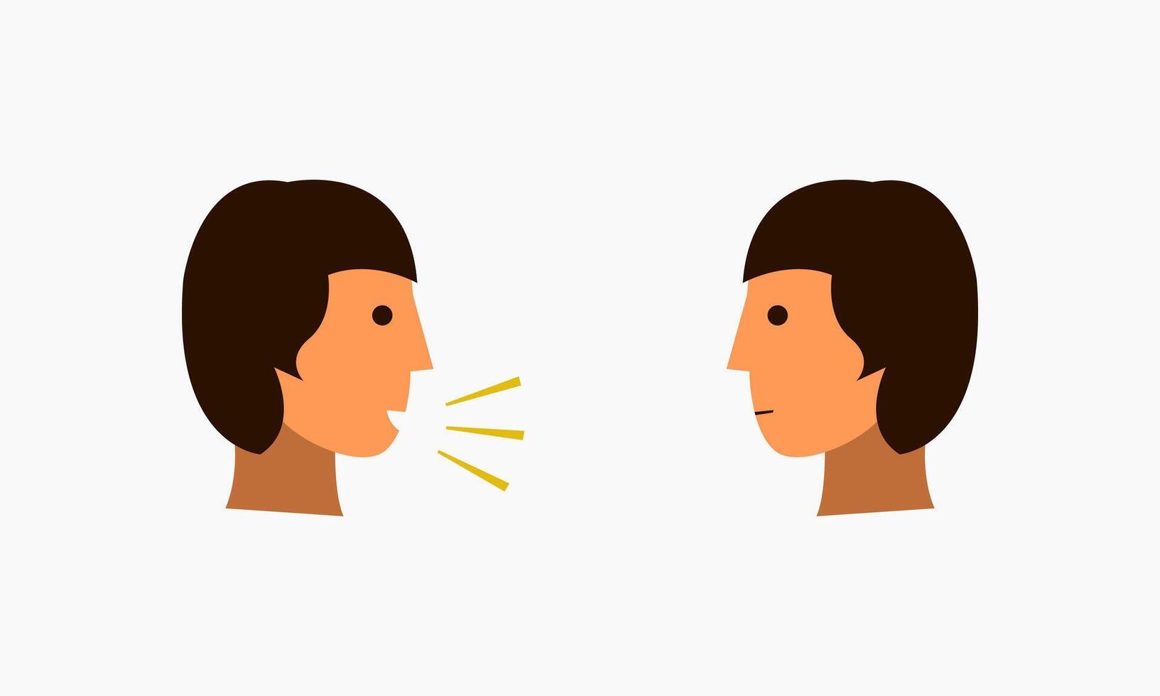 An illustration of two people facing each other, where one person is speaking while the other listens attentively, symbolizing communication or conversation. vector