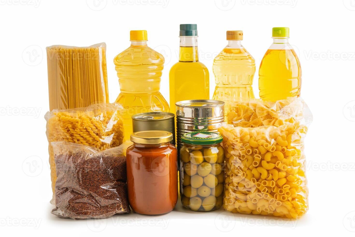 Foodstuffs in donation box isolated on white background with clipping photo