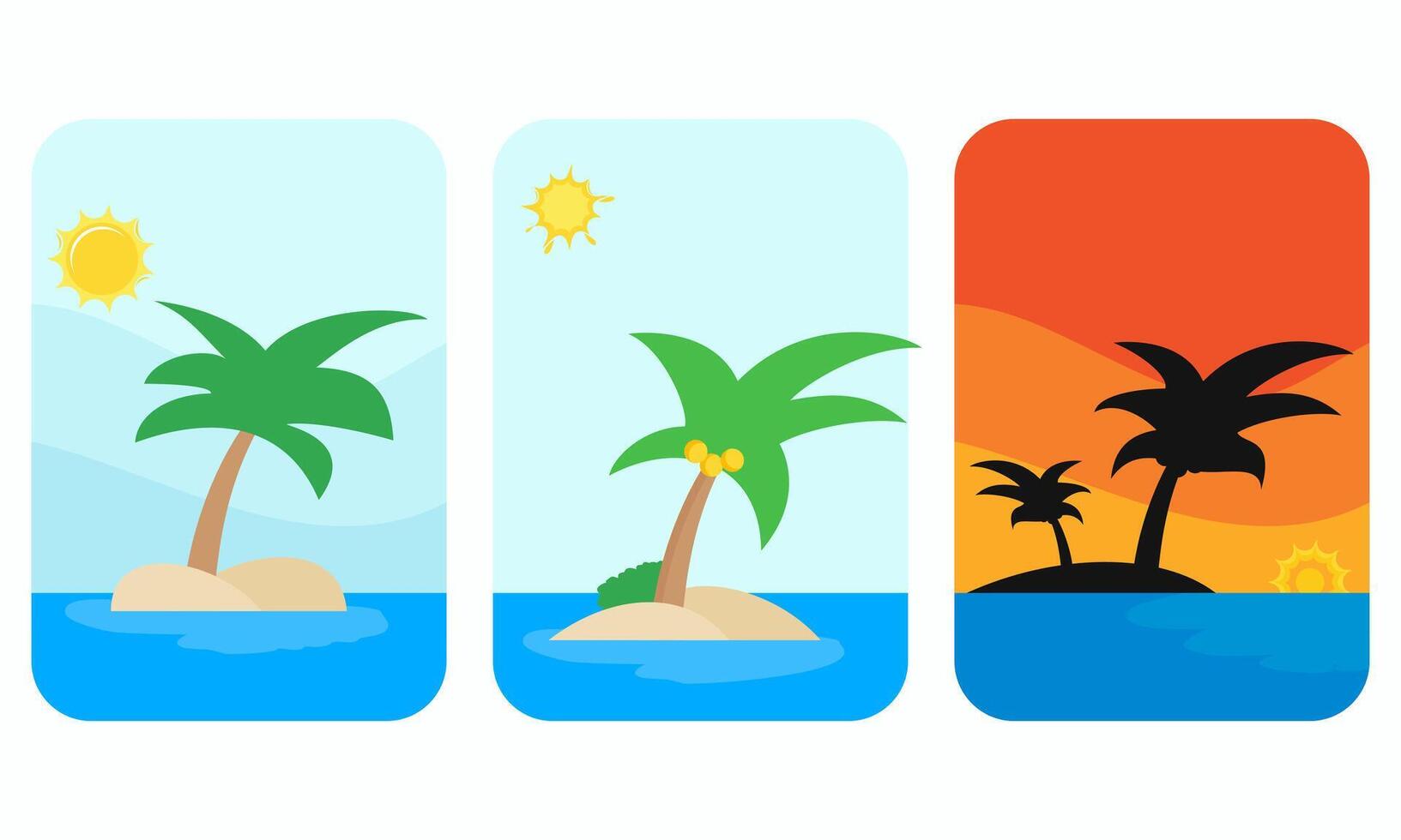 Tropical Island Landscape Illustrations Featuring Palm Trees and Ocean Views vector