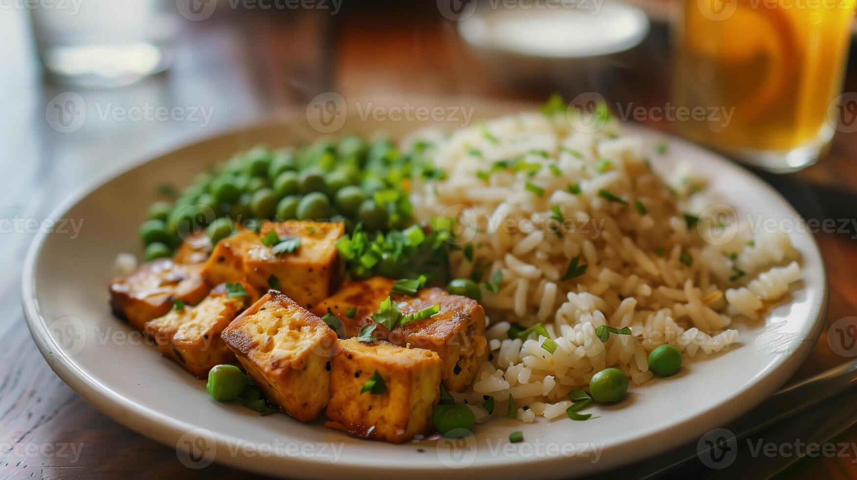 This Colorful plate features tofu, greens, and rice, showcasing a nutritious and balanced meal option. photo