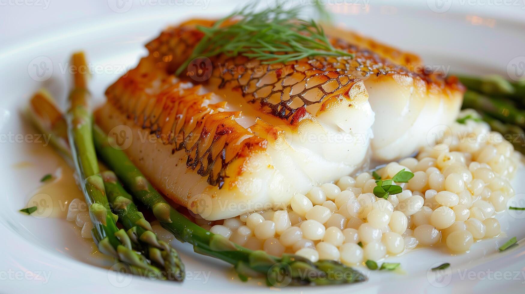 This Freshly prepared grilled fish served alongside asparagus and pearl couscous for a nutritious meal. photo