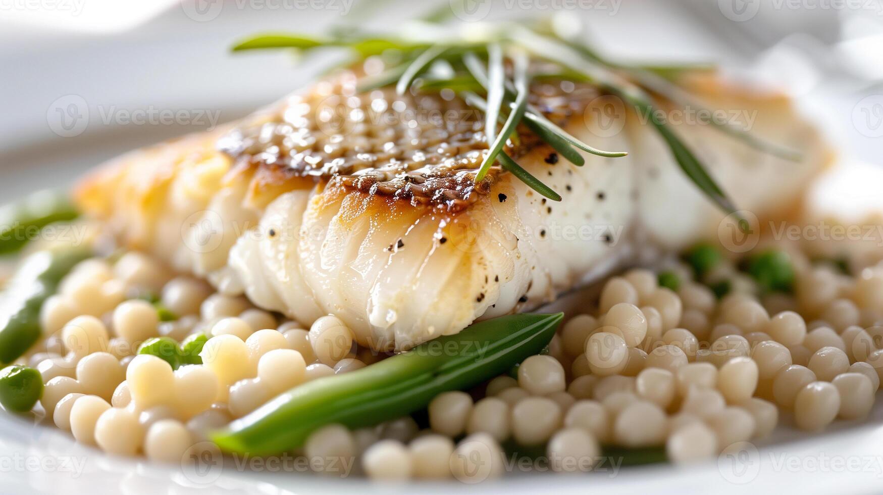 This healthy dish showcases grilled fish over fluffy couscous and vibrant green vegetables. photo