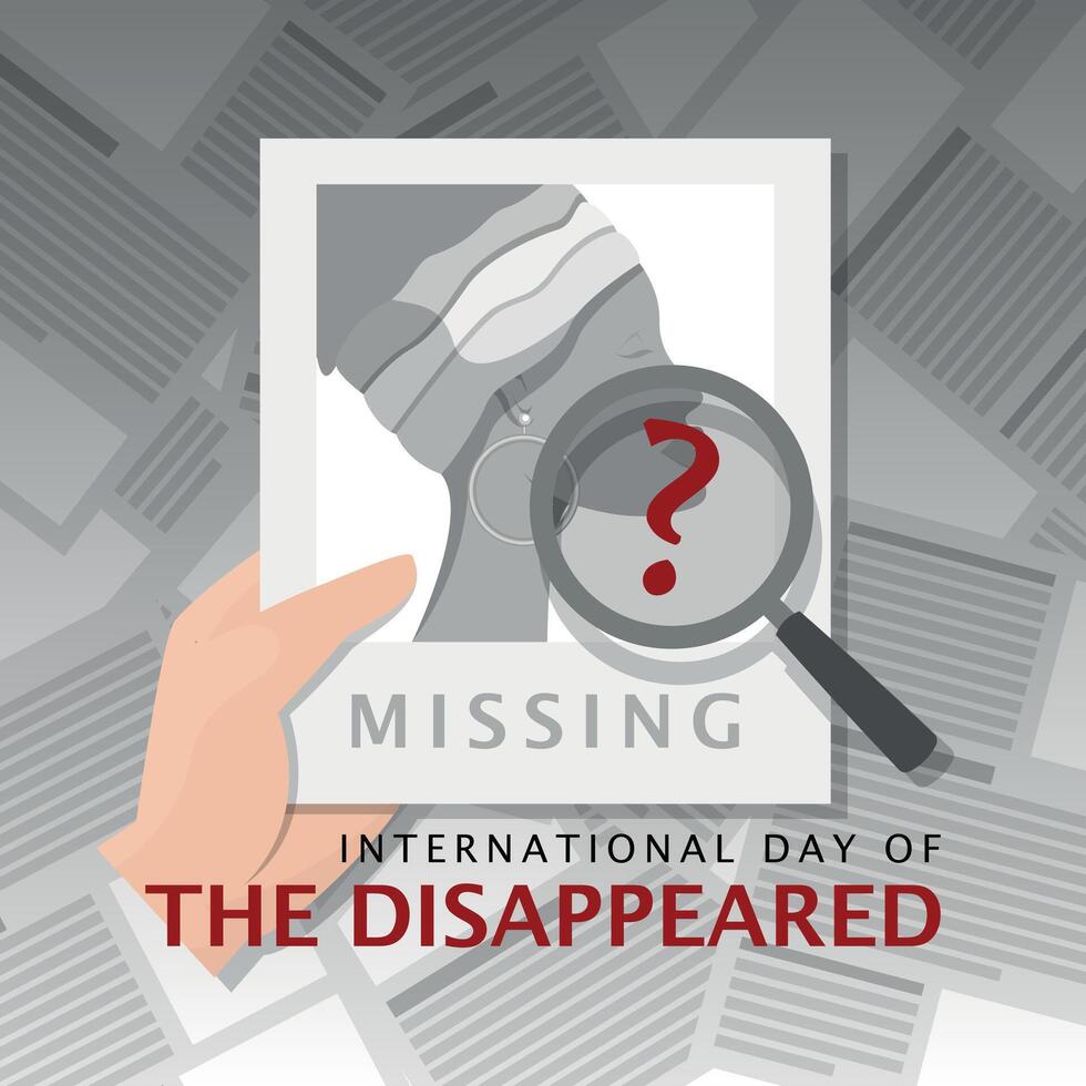 International Day Of The Disappeared Poster. Photo of missing person vector