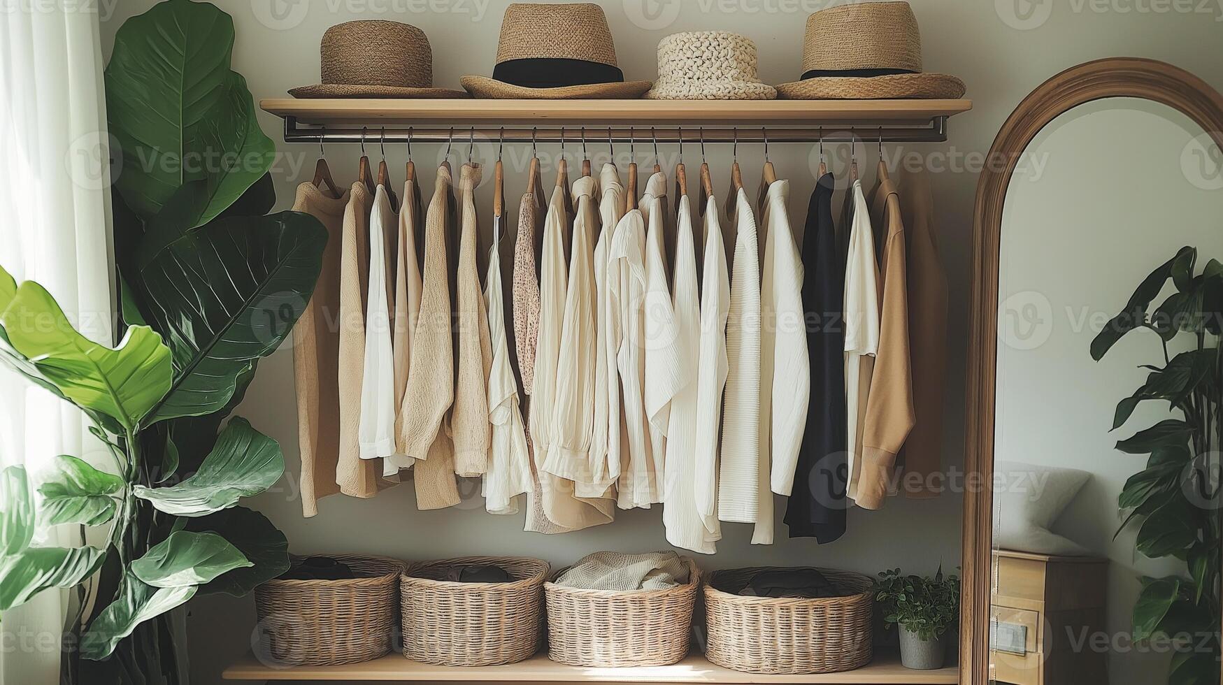 A serene closet showcases neatly arranged neutral-toned clothing, hats, and decorative plants. photo