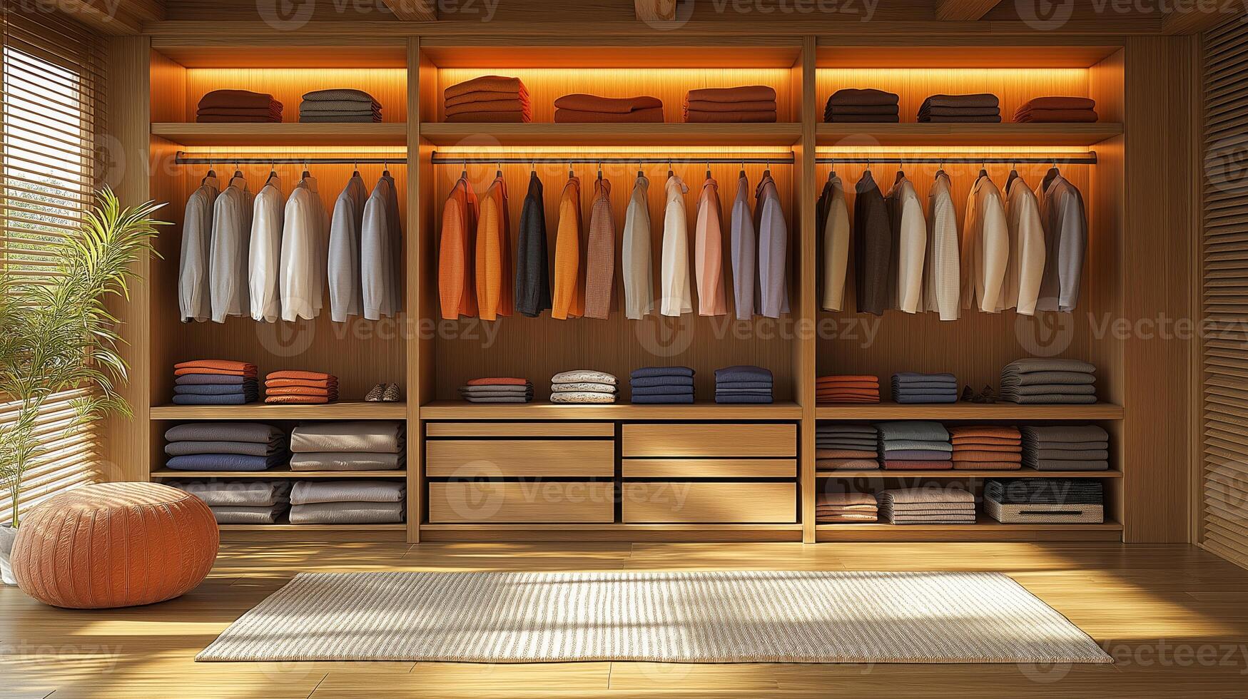 Neatly arranged clothing and towels highlight an inviting wardrobe design with soft lighting. photo