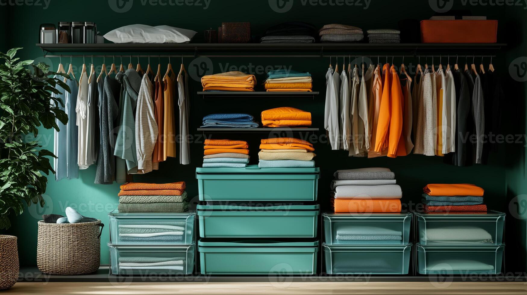 A stylish closet has folded clothes, hanging shirts, and layered storage in natural light. photo