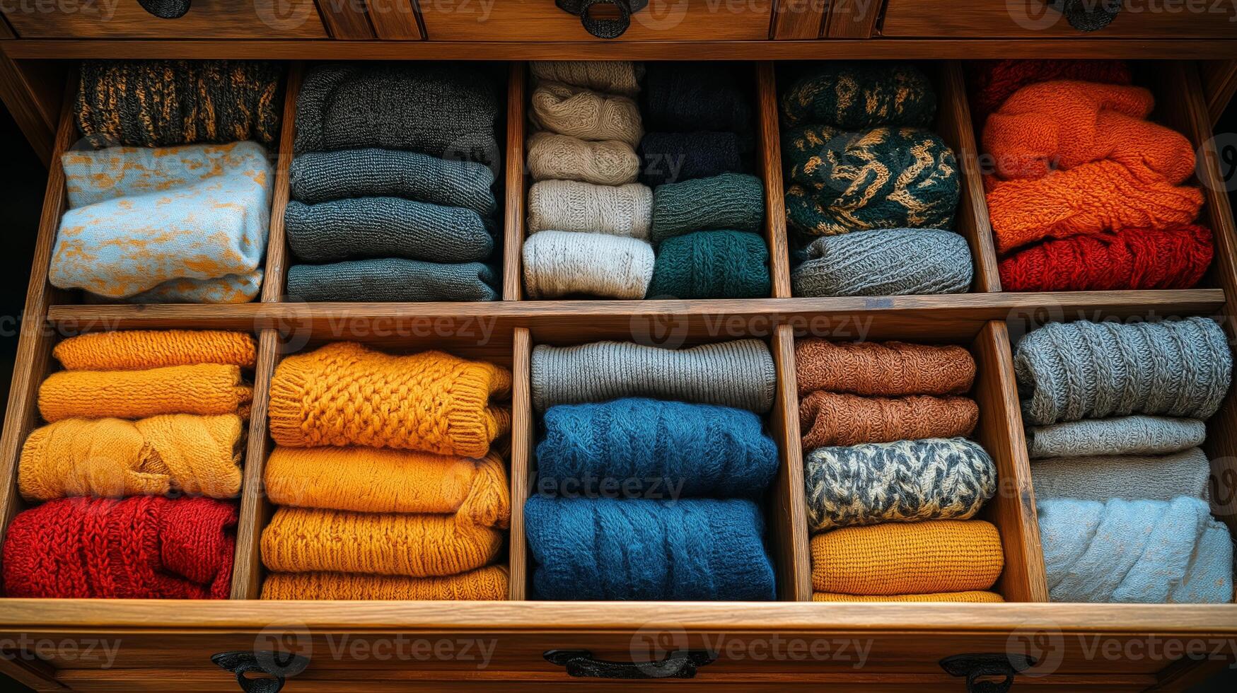 A wooden drawer holds neatly folded sweaters in various colors, creating a cozy display. photo