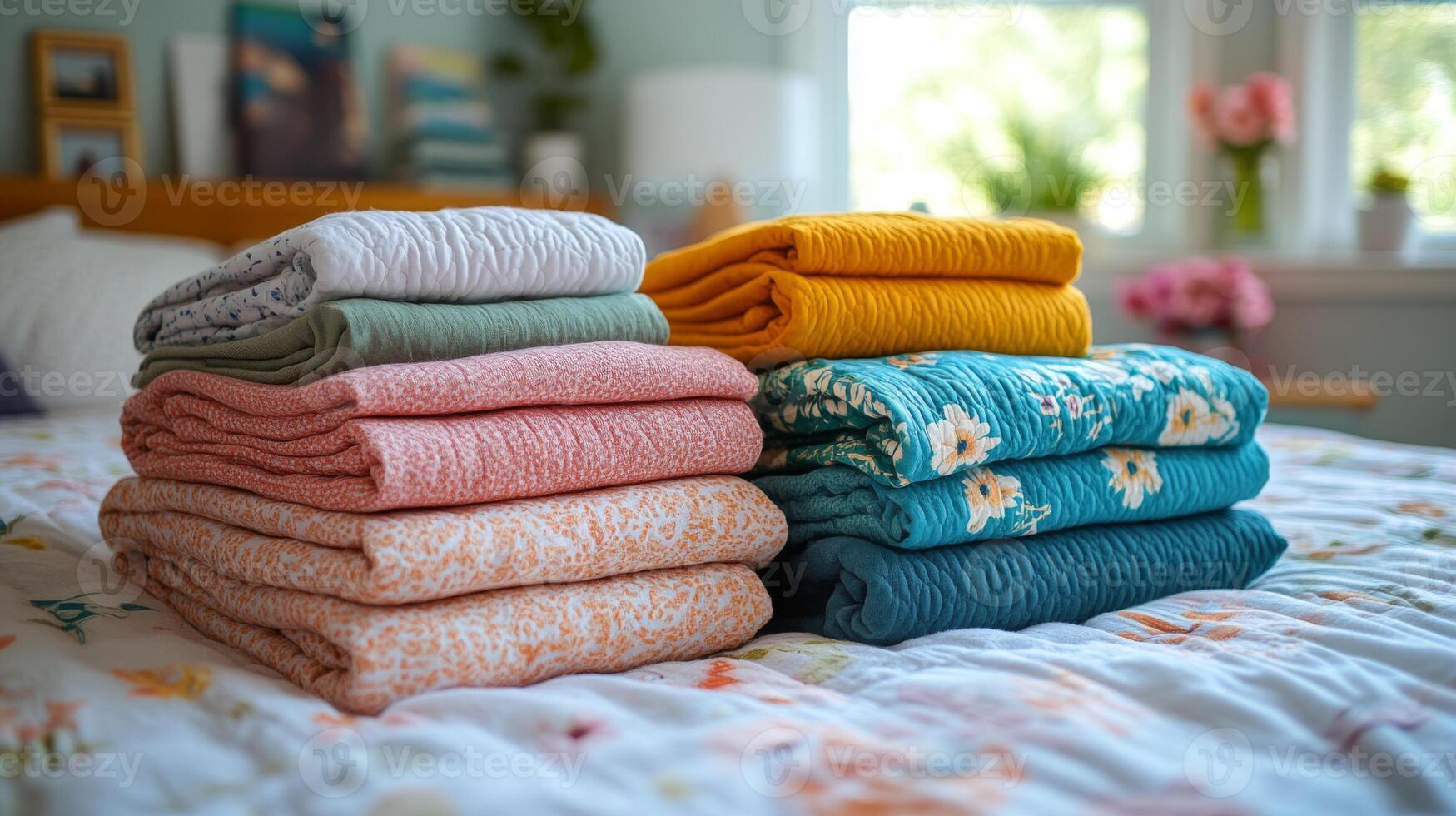 Soft, vibrant blankets are stacked on a cozy bed in a sunlit room, showcasing various colors. photo