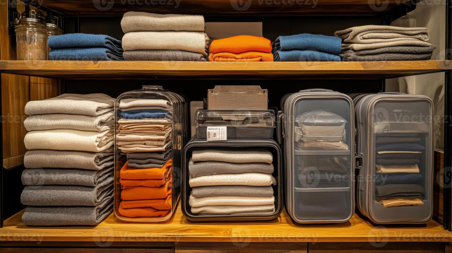 Shelves feature neatly folded fabrics and organized containers for home organization. photo