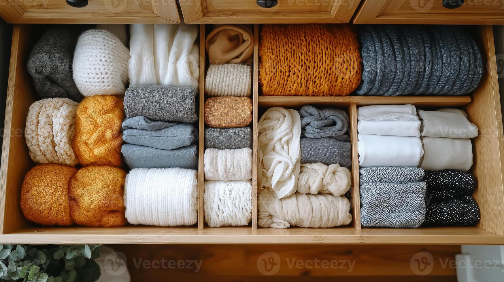 A wooden drawer showcases neatly folded textiles in vibrant colors, creating an inviting feel. photo