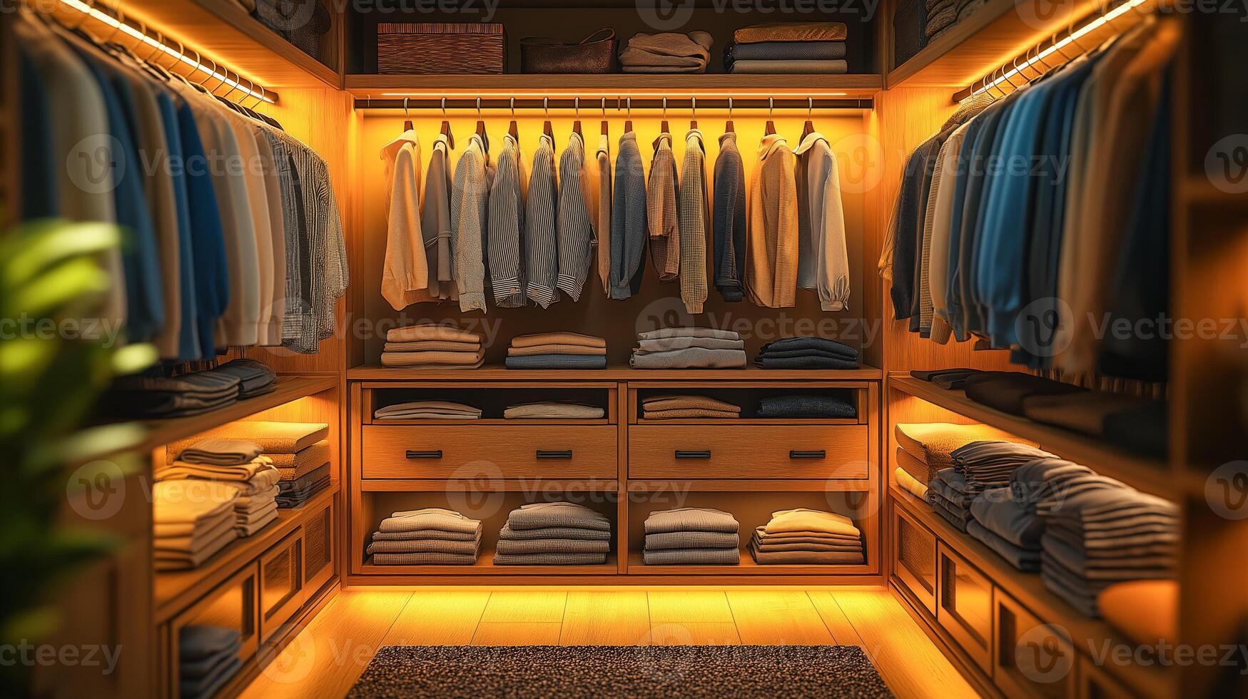Wooden closet features a variety of neatly hung shirts and folded clothes illuminated warmly. photo