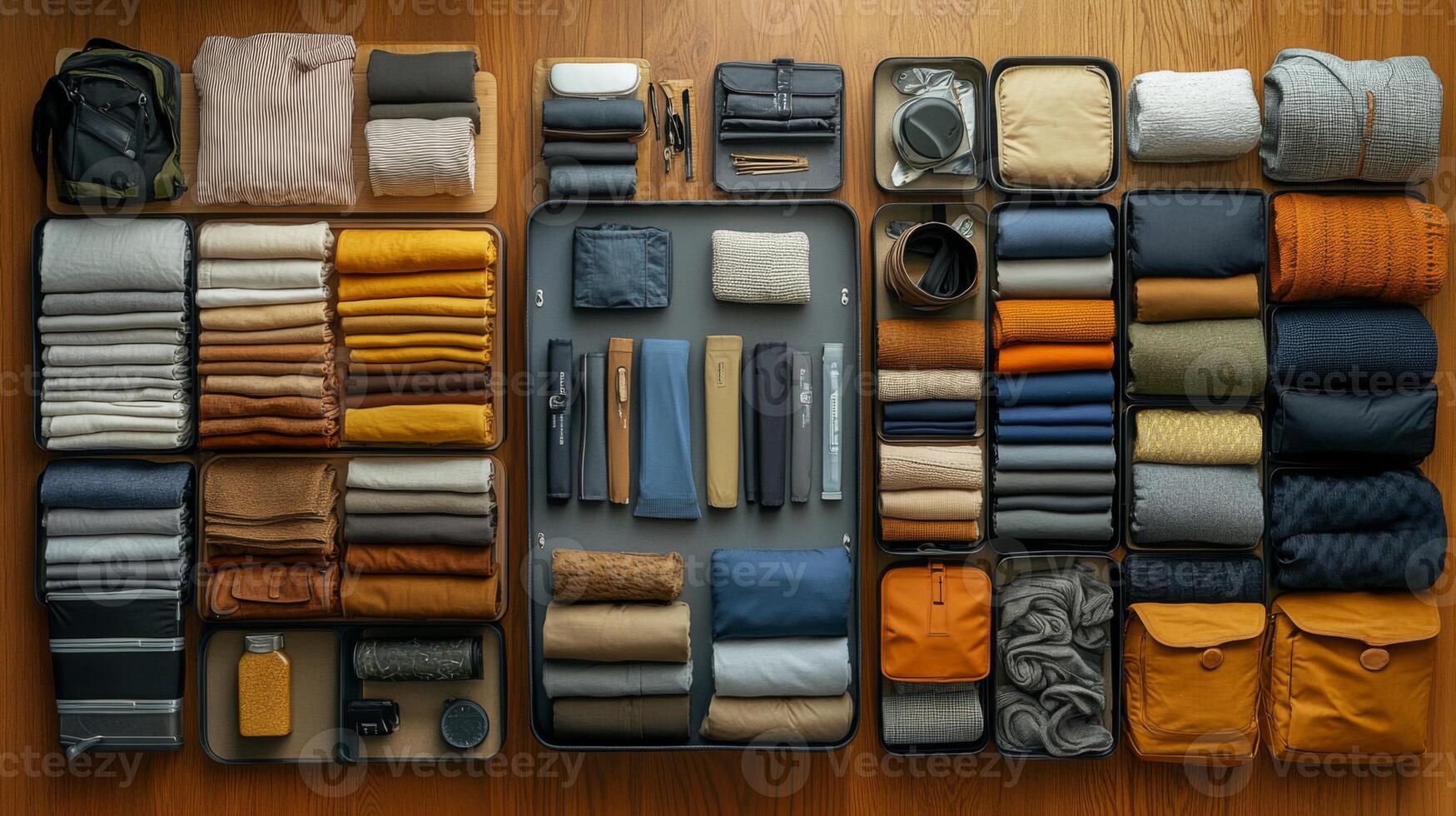 Various clothing items and accessories are orderly arranged in compartments on a wooden table. photo