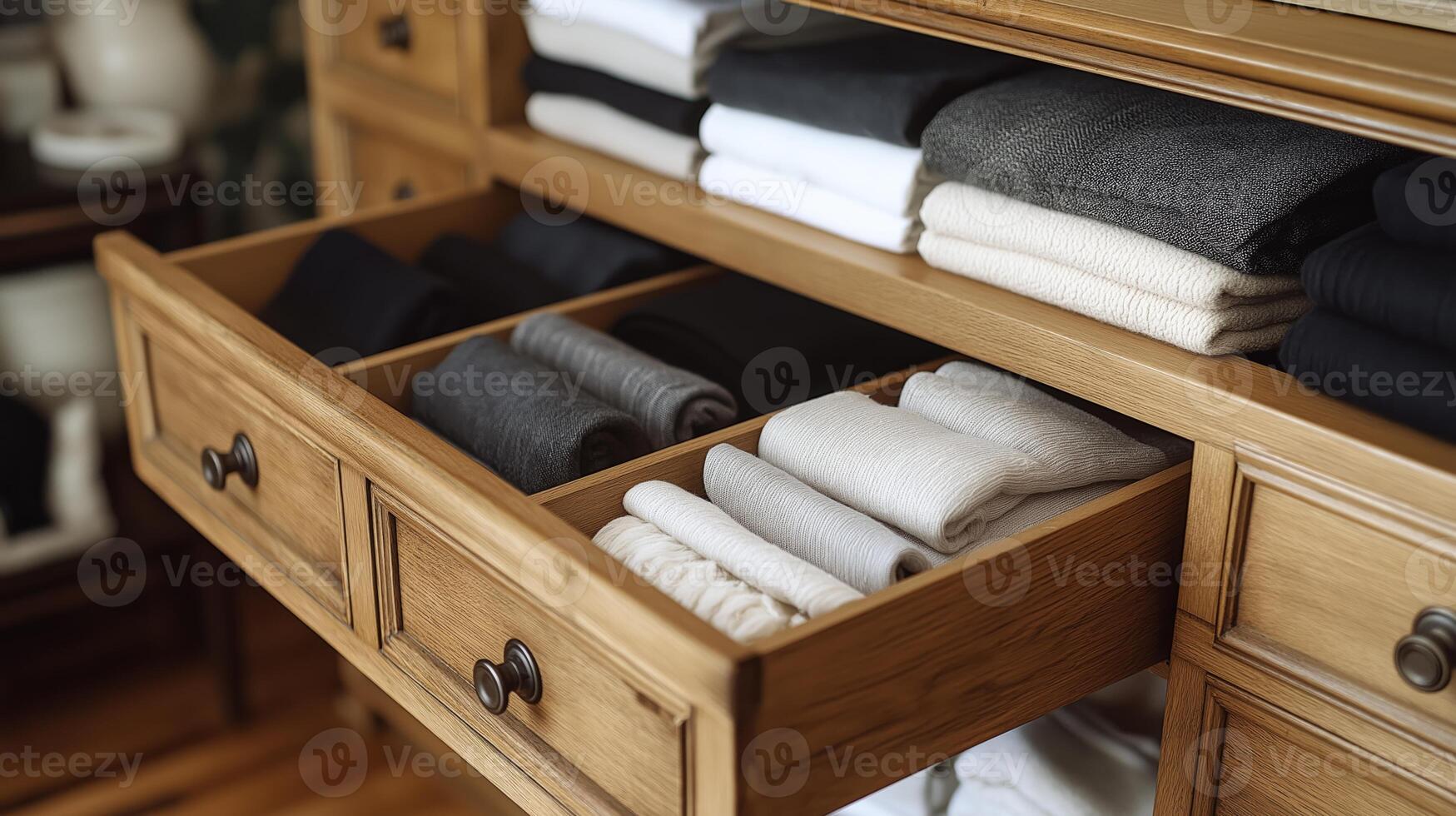 Neatly folded linens fill a wooden drawer, highlighting warmth and tidiness at home. photo