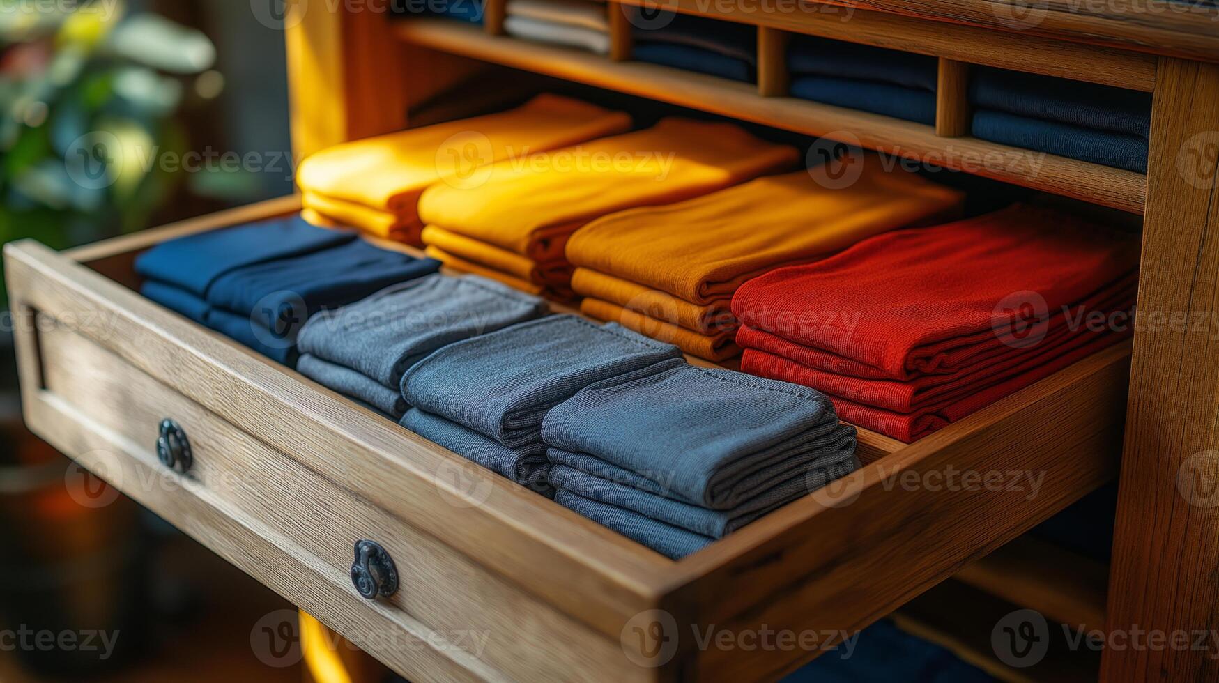 Vibrant fabrics arranged in an orderly manner within a wooden drawer, showcasing various colors. photo