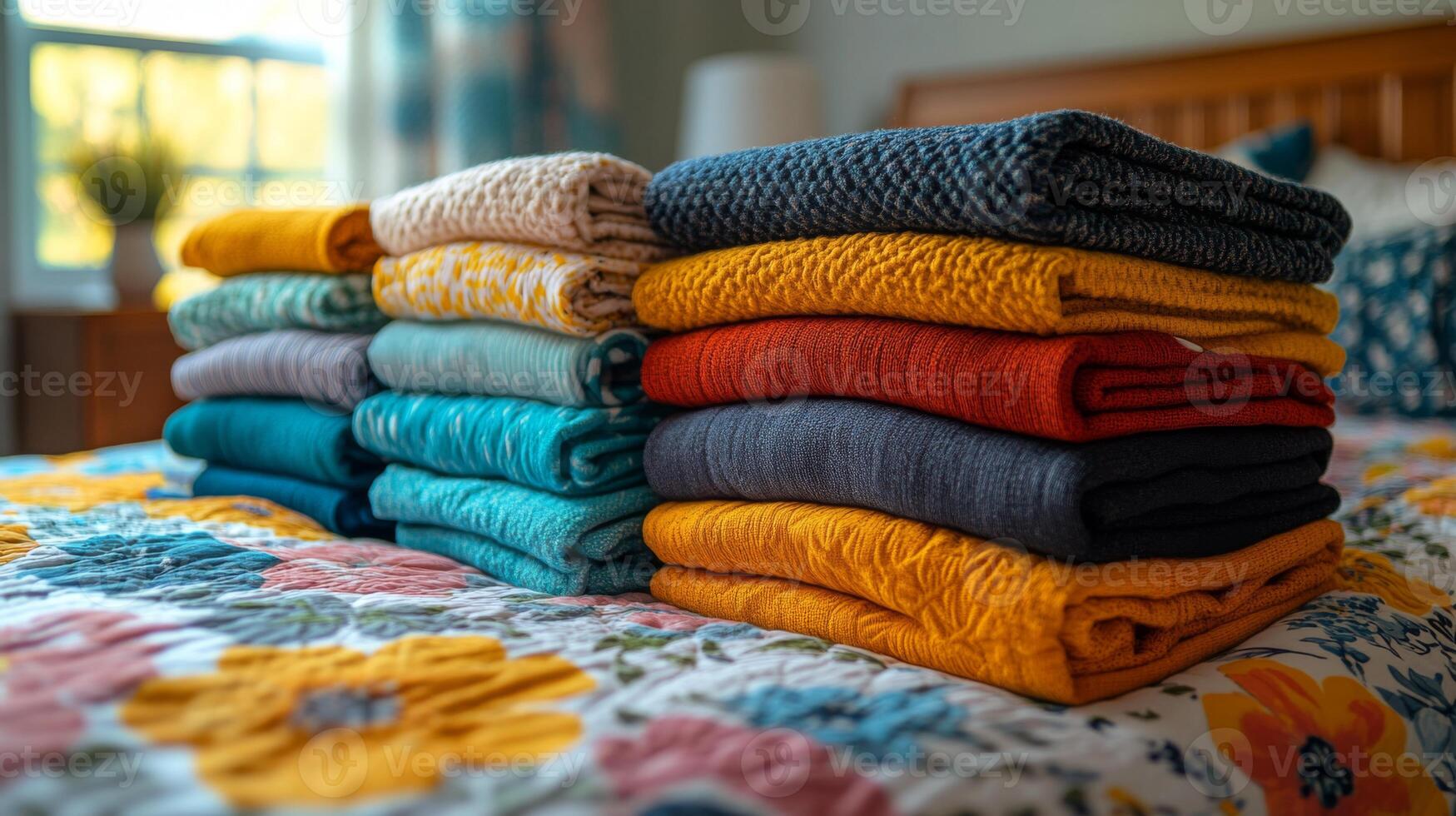 Soft towels in various colors are organized on a bed, illuminating the cozy room. photo