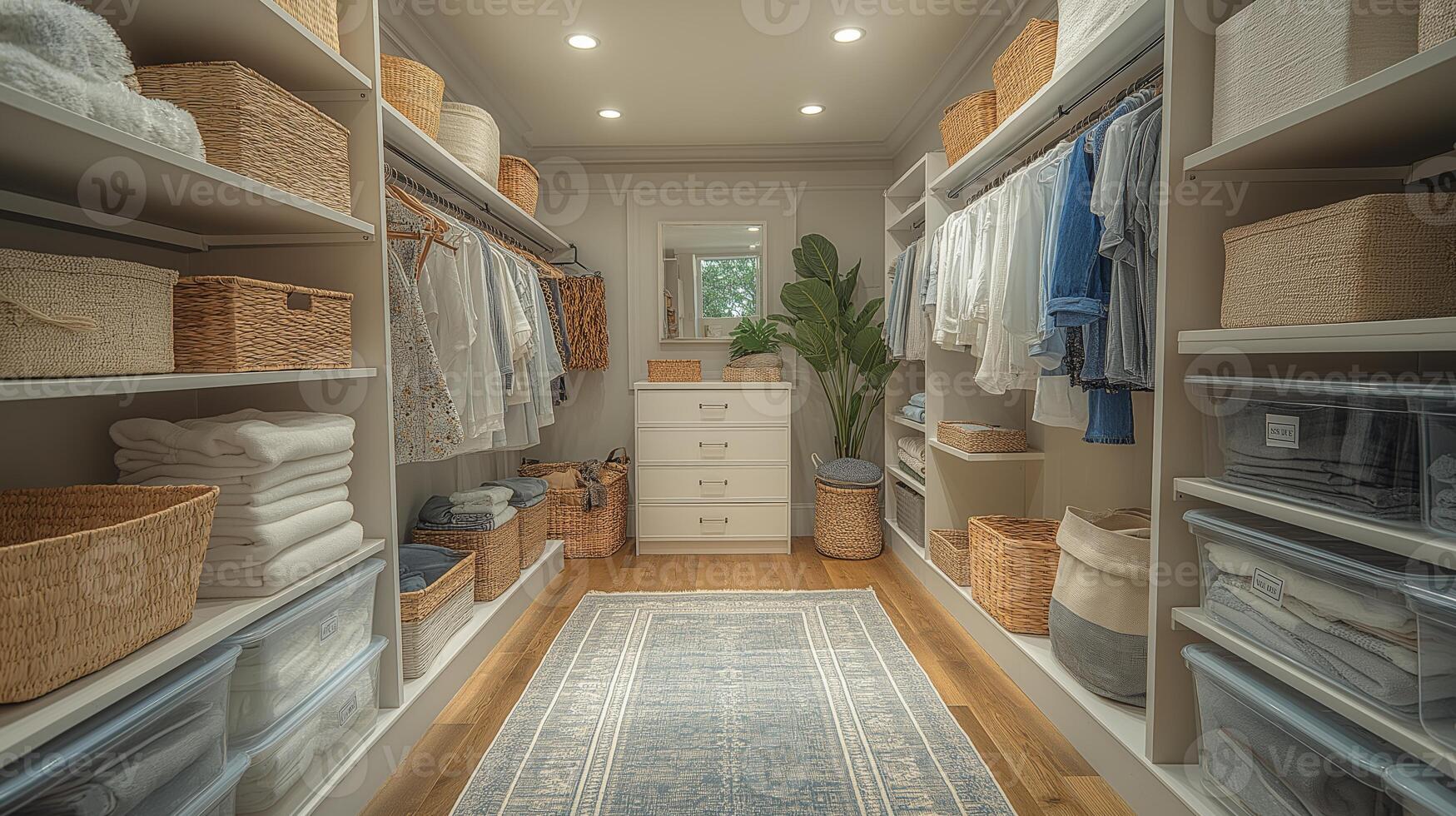 This walk-in closet showcases neatly arranged clothing, baskets, and a plush rug for comfort. photo