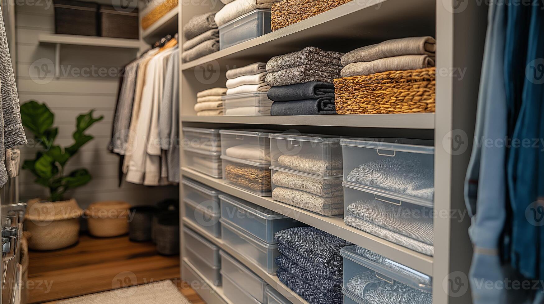 A neatly organized closet showcases folded towels, clear bins, and a serene green plant. photo